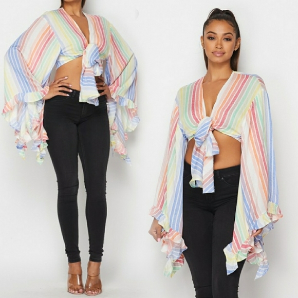 Dance Away Bell Sleeve Stripe Tie Top - Picture 1 of 3